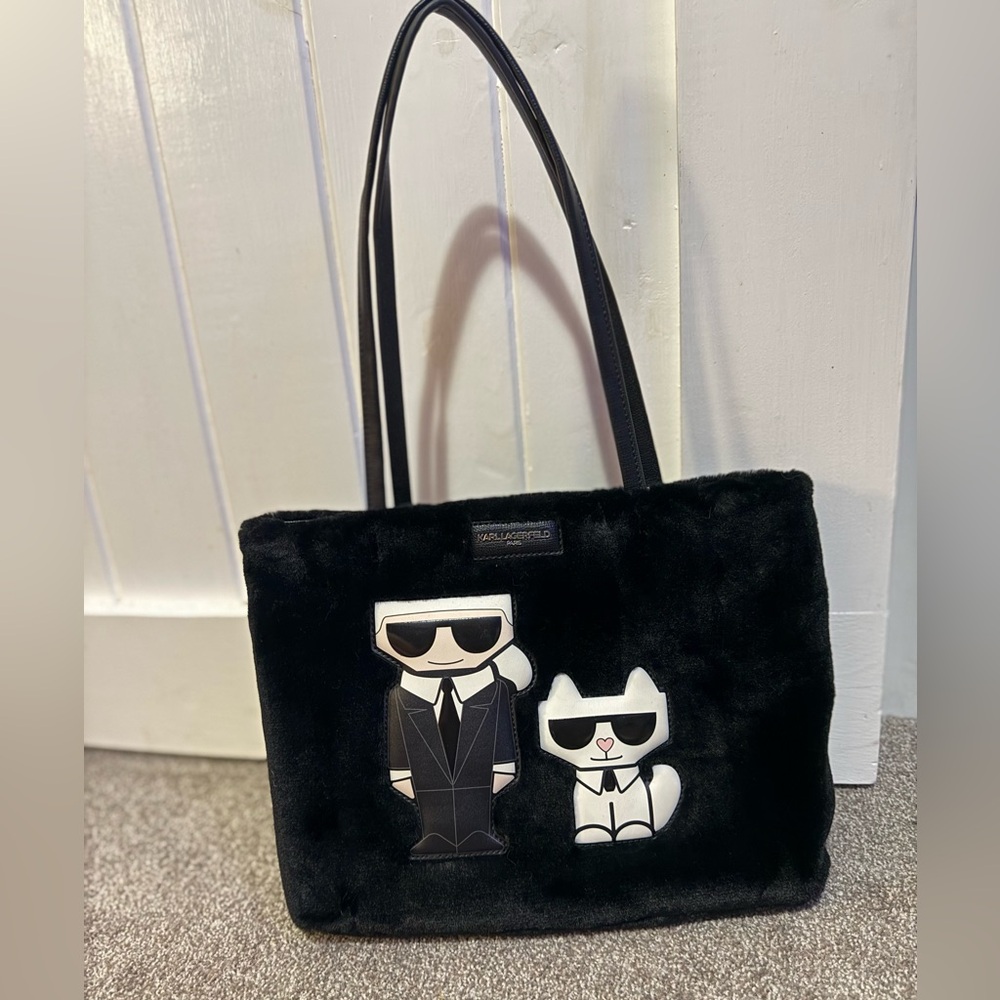 NWOT Karl Lagerfeld Black Faux Fur Tote with Iconic Characters
